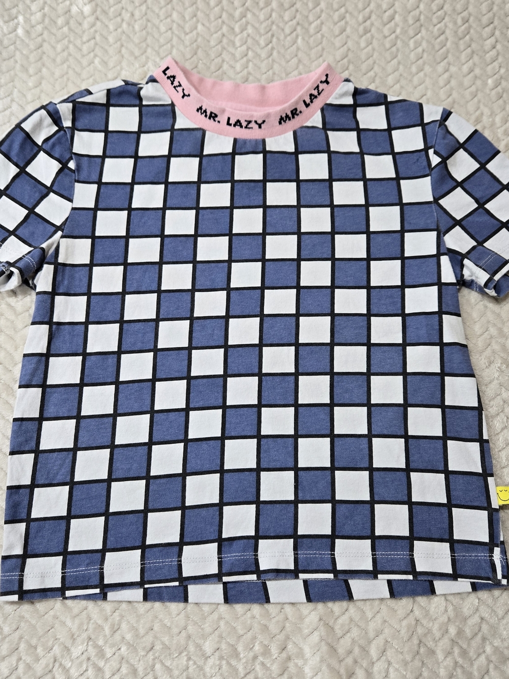 Lazy Oaf Blue & White Grid Tee with Pink Neckband